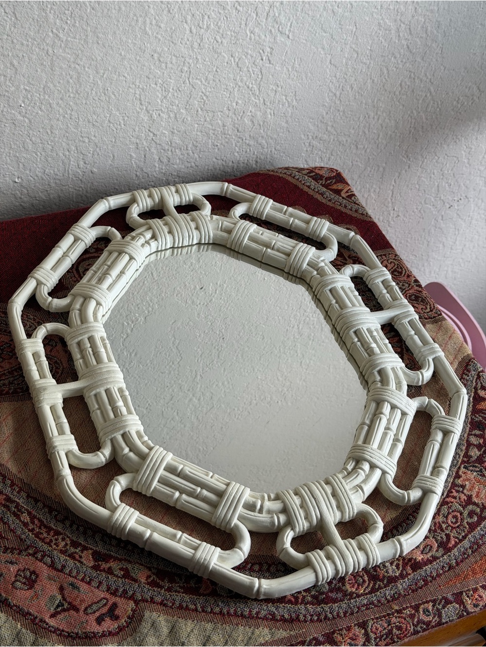 Vintage Homco Home Interiors Faux Bamboo Octagonal Mirror Cream White Boho